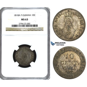 U32, French Guyana, Louis XVIII, 10 Centimes 1818-A, Silver, NGC MS63