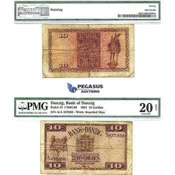 U51, Poland, Bank of Danzig, 10 Gulden 1924, PMG VF20, Rare!