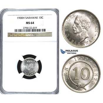 U60, Sarawak, C. Brooke Rajah, 10 Cents 1900-H, Heaton, Silver, NGC MS64 (Pop 1/4) Rare Grade!