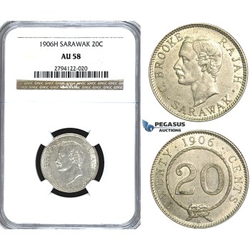 U61, Sarawak, C. Brooke Rajah, 20 Cents 1906-H, Heaton, Silver, NGC AU58 (Pop 1/1, Finest!) Rare!