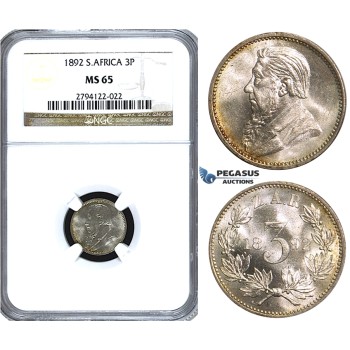 U63, South Africa (ZAR) Threepence (3 Pence) 1892, Silver, NGC MS65 (Pop 1/3) Very Rare Grade!