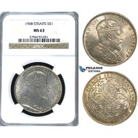 U64, Straits Settlements, Edward VII, Dollar 1908, Silver, NGC MS63