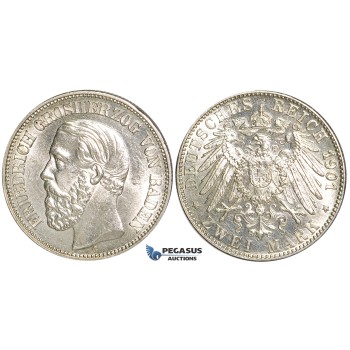 U71, Germany, Baden, Friedrich Grand Duke, 2 Mark 1901-G, Karlsruhe, Silver, White UNC (vz/St.) Rare!