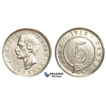U82, Sarawak, C. Brooke Rajah, 5 Cents 1913-H, Heaton, Silver, High Grade (Cleaned)