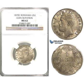 U87, Romania, Carol I, 1 Leu 1870, Bucharest, Silver, NGC MS62, Rare!
