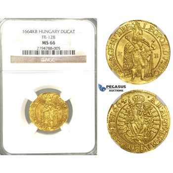 U98, Hungary, Leopold I, Ducat 1664 K-B, Kremnitz, Gold (3.56g) NGC MS66 (Pop 1/1, Finest known) Very rare so nice!