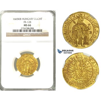 U99, Hungary, Leopold I, Ducat 1665 K-B, Kremnitz, Gold (3.52g) NGC MS66, (Pop 1/1, Finest known) Very rare so nice!