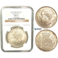 V11, Belgium, Leopold II, 5 Francs 1873 (Pos A) Silver, NGC MS63 V11, Belgium, Leopold II, 5 Francs 1873 (Pos A) Silver, NGC MS63