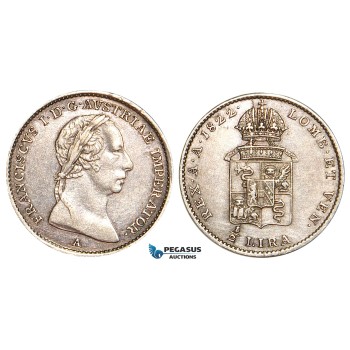 V42X, Italy, Lombardy, Francisc I, 1/2 Lira 1822-A, Vienna, Silver, gVF-XF, Rare!
