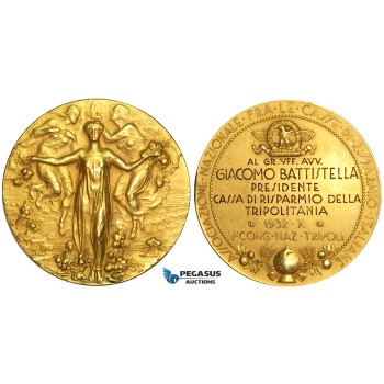 V43, Italy/Libya, Tripoli, Congress of Italian banks 1932, Gold fascist medal (Ø 52mm, 60.9g) 18K