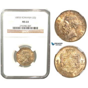 V44, Romania, Carol I, 1 Leu 1885-B, Bucharest, Silver, NGC MS64, Golden toning! Very Rare Grade!