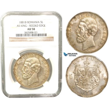 V45, Romania, Carol I, 5 Lei 1881-B, Bucharest, Silver, NGC AU58 Slab error as King