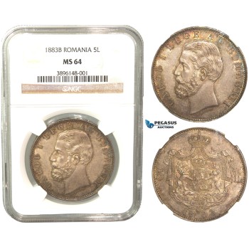 V46, Romania, Carol I, 5 Lei 1883-B, Bucharest, Silver, NGC MS64, Rare Grade!