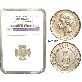 V48, Sarawak, C. Brooke Rajah, 5 Cents 1911-H, Heaton, Silver, NGC UNC
