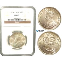 V49, South Africa (Union) George V, 2 Shillings 1934, Silver, NGC MS63