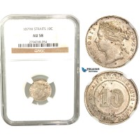 V54, Straits Settlements, Victoria, 10 Cents 1879-H, Heaton, Silver,  NGC AU58