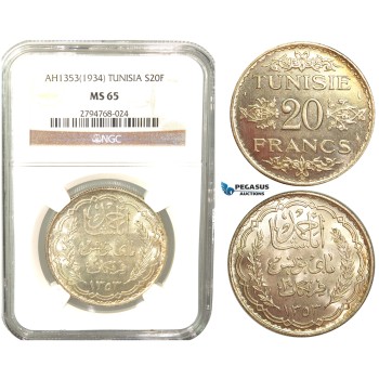 V58, Tunisia, 20 Francs AH1353/1934, Paris, Silver, NGC MS65