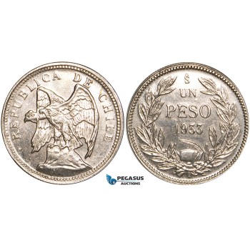 V60, Chile, Pattern Peso in Nickel 1933-SO, Santiago, aUNC (Few handlings marks) Very Rare!