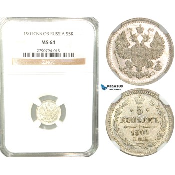 V63, Russia, Nicholas II, 5 Kopeks 1901 СПБ-ФЗ, St. Petersburg, Silver, NGC MS64