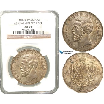 V76, Romania, Carol I, 5 Lei 1881-B (As King) Bucharest, Silver, NGC MS63