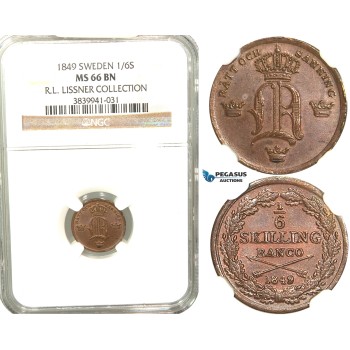 V84, Sweden, Oscar I, 1/6 Skilling banco 1849, Stockholm, NGC MS66BN (Pop 1/1, finest) ex. Lissner, SM 125