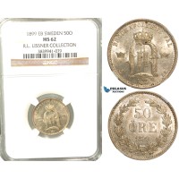 W05, Sweden, Oscar II, 50 Öre 1899 EB, Stockholm, Silver, NGC MS62, ex. Lissner, SM 88