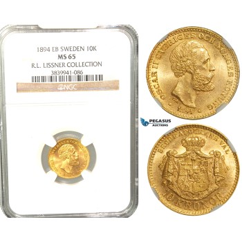 W09, Sweden, Oscar II, 10 Kronor 1894 EB, Stockholm, Gold, NGC MS65 , ex. Lissner, SM 31