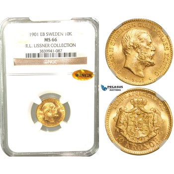 W10, Sweden, Oscar II, 10 Kronor 1901 EB, Stockholm, Gold, NGC MS66 WINGS , ex. Lissner, SM 33