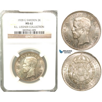 W12, Sweden, Gustaf V, 2 Kronor 1928 G, Stockholm, Silver, NGC MS62, ex. Lissner, SM 13