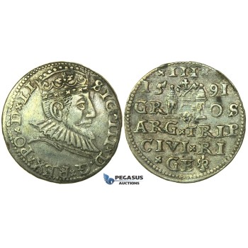 W205, Poland (for Riga) Sigismund III, 3 Groschen (Trojak) 1591, Riga, Silver (2.30g)