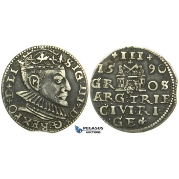 W222, Poland (for Riga) Sigismund III, 3 Groschen (Trojak) 1590, Riga, Silver (2.22g) Rare!