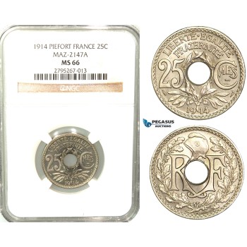 W23, France, Third Republic, Piefort Essai 25 Centimes 1914, Paris, Nickel, Maz. 2147A, NGC MS66, Rare!