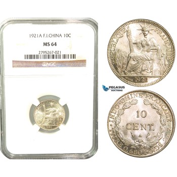 W31, French Indo-China, 10 Centimes 1921-A, Paris, Silver, NGC MS64