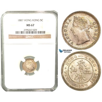 W39, Hong Kong, Victoria, 5 Cents 1887, London, Silver, NGC MS67 (Pop 1/1, Finest) Very Rare Grade!