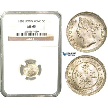 W40, Hong Kong, Victoria, 5 Cents 1888, London, Silver, NGC MS65