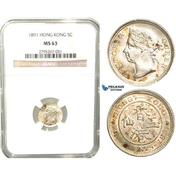 W41, Hong Kong, Victoria, 5 Cents 1891, London, Silver, NGC MS63
