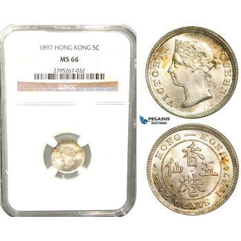 W42, Hong Kong, Victoria, 5 Cents 1897, London, Silver, NGC MS66