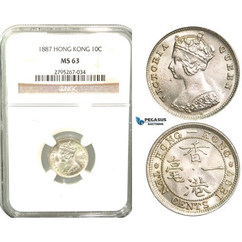 W44, Hong Kong, Victoria, 10 Cents 1887, London, Silver, NGC MS63