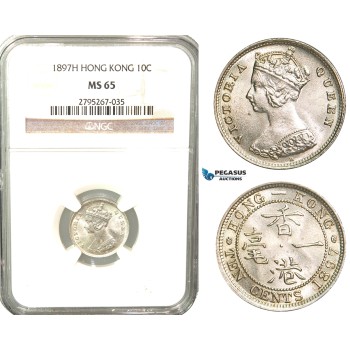 W45, Hong Kong, Victoria, 10 Cents 1897-H, Heaton, Silver, NGC MS65
