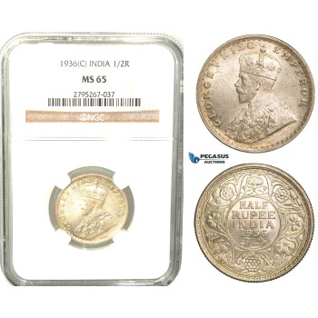 W48, India (British) George V, 1/2 Rupee 1936 (C) Calcutta, Silver, NGC MS65