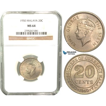 W51, Malaya, George VI, 20 Cents 1950, NGC MS64