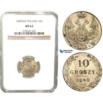 W58, Poland (Under Russia) Nicholas I, 10 Groszy 1840-MW, Warsaw, Silver, NGC MS63