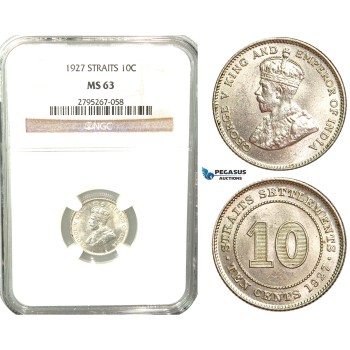 W68, Straits Settlements, George V, 10 Cents 1927, Silver, NGC MS63
