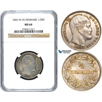 W71, Denmark, Frederik VII, 1/2 Rigsdaler 1855-VS, Copenhagen, Silver, NGC MS64
