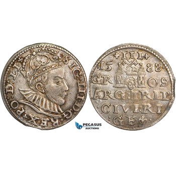 W79, Latvia, Sigismund III of Poland, 3 Groschen (Trojak) 1588, Riga, Silver (2.56g) Toned aXF