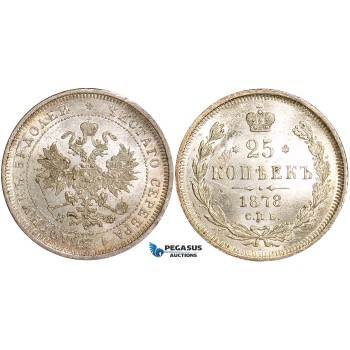 W84, Russia, Alexander II, 25 Kopeks 1878 СПБ-НФ, St. Petersburg, Silver, UNC (Minor scratch)