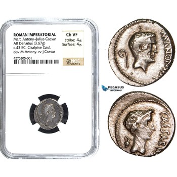 W91, Roman Imperatorial, The Triumvirs,  Marcus Antonius+Julius Caesar, AR Denarius (3.67g) Automn 43 BC, Cisalpine Gaul (Military mint) Very Rare! NGC Ch VF