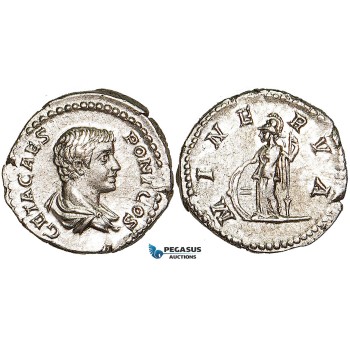 W92, Roman Empire, Geta (198-209 AD) AR Denarius (3.57g) Rome (203-208 AD) Minerva, About EF