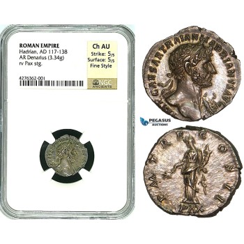Y18, Roman Empire, Hadrian (117-138 AD) AR Denarius (3.34g) 119-122 AD, Rome, PAX, NGC Ch AU Fine Style
