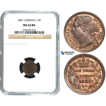 Y29, Great Britain (For use in Malta) Victoria, 1/3 (Third) Farthing 1881, NGC MS64BN